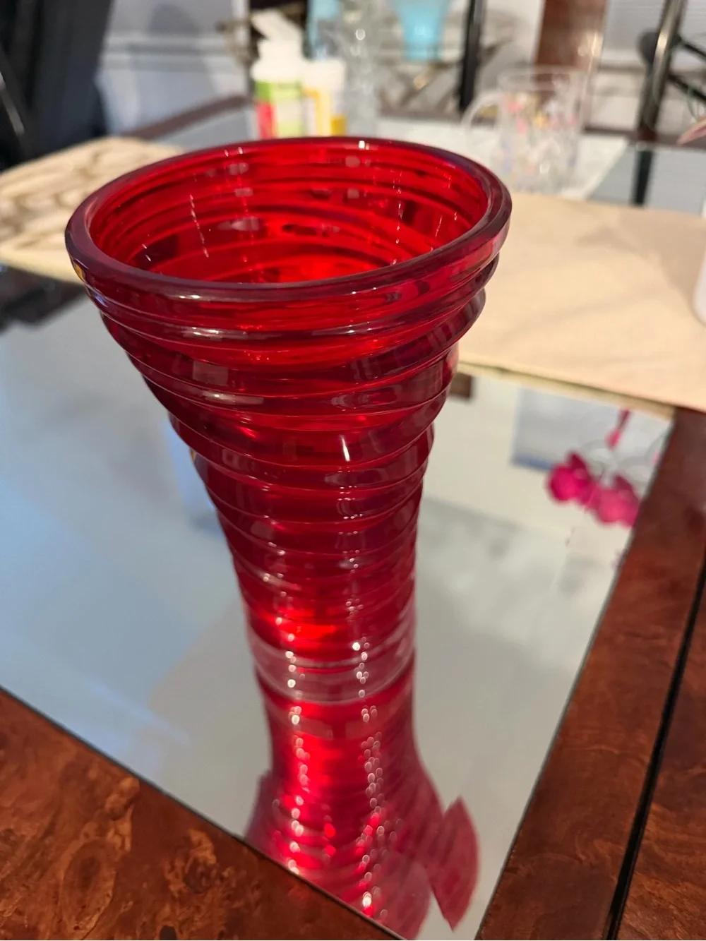 Vibrant Red Spiral Glass Vase - Decorative Home Accent